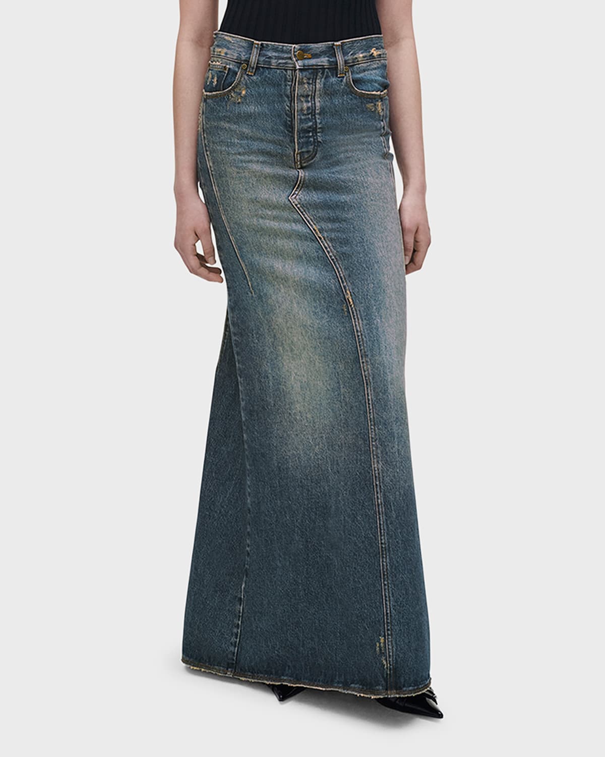 Shop Marc Jacobs Long Fluted Denim Skirt In Grunge Indigo
