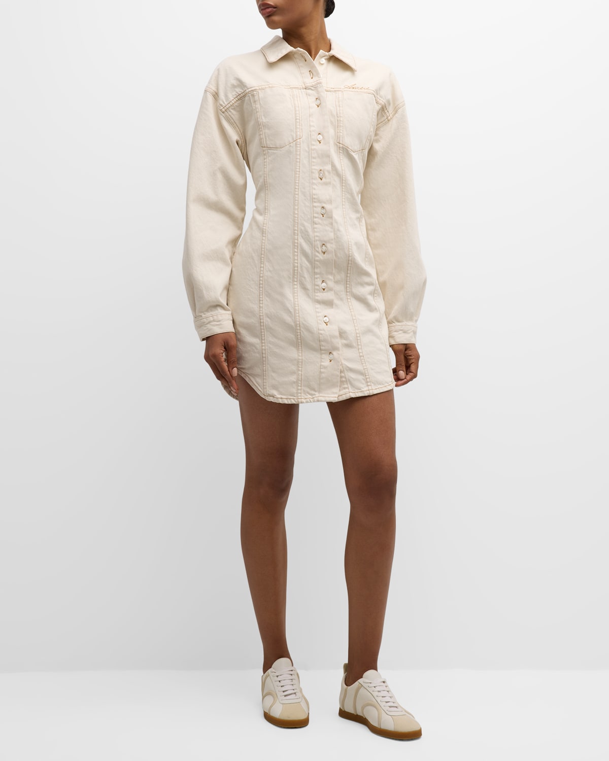 Shop Amiri Logo Script Denim Mini Shirtdress In Alabaster