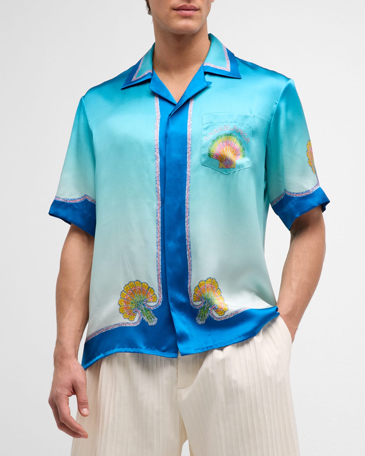 Shop Casablanca Men's Coquillage Colore Silk Camp Shirt
