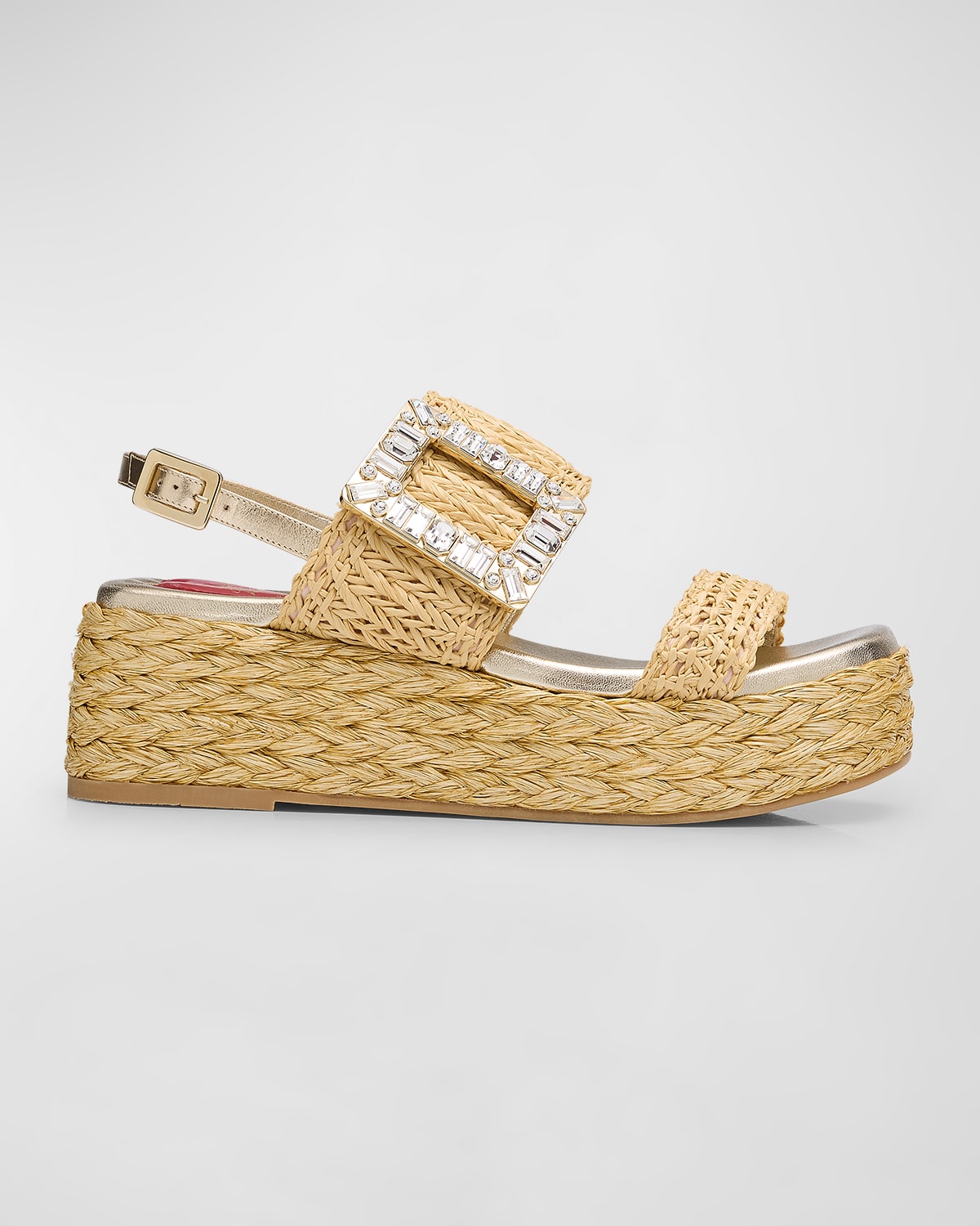 Shop Roger Vivier Raffia Crystal Buckle Platform Sandals In Crema Chiaro/oro