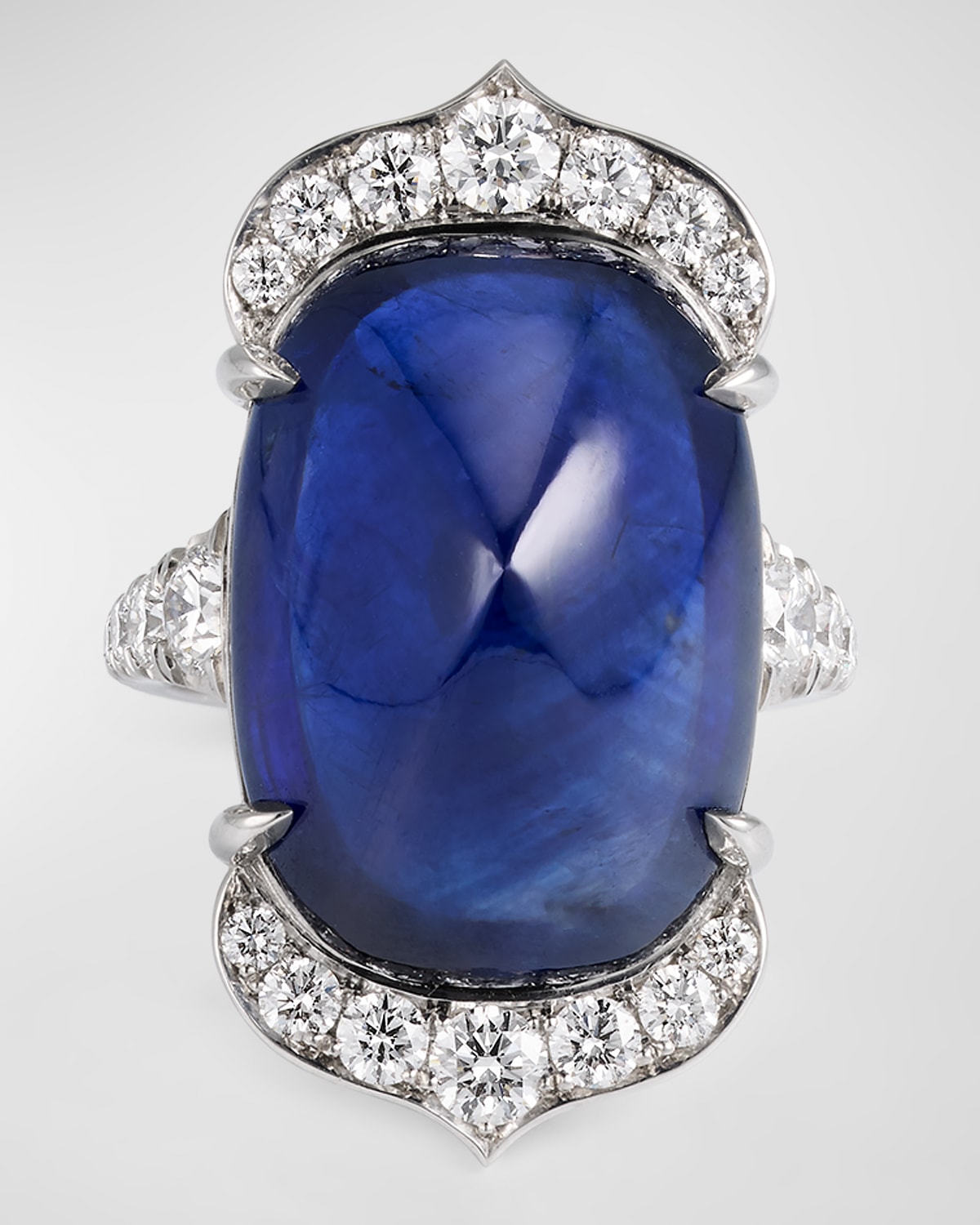 Sugarloaf Cabochon Sapphire and Diamond Platinum Ring, Size 6