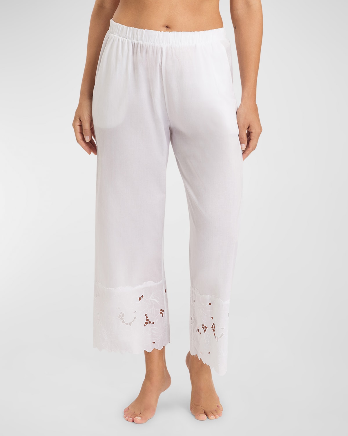 Shop Hanro Clara Cropped Floral-embroidered Cotton Pants In White