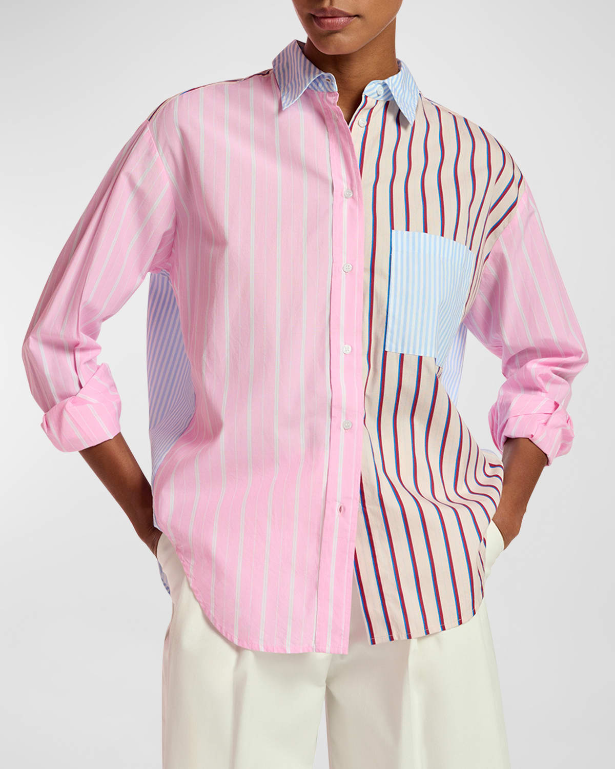 Shop Essentiel Antwerp Famille Patchwork Stripe Cotton Button-front Shirt In Off White