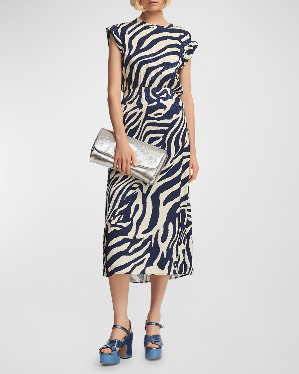 Fayola Zebra-Stripe Cap-Sleeve Midi Dress