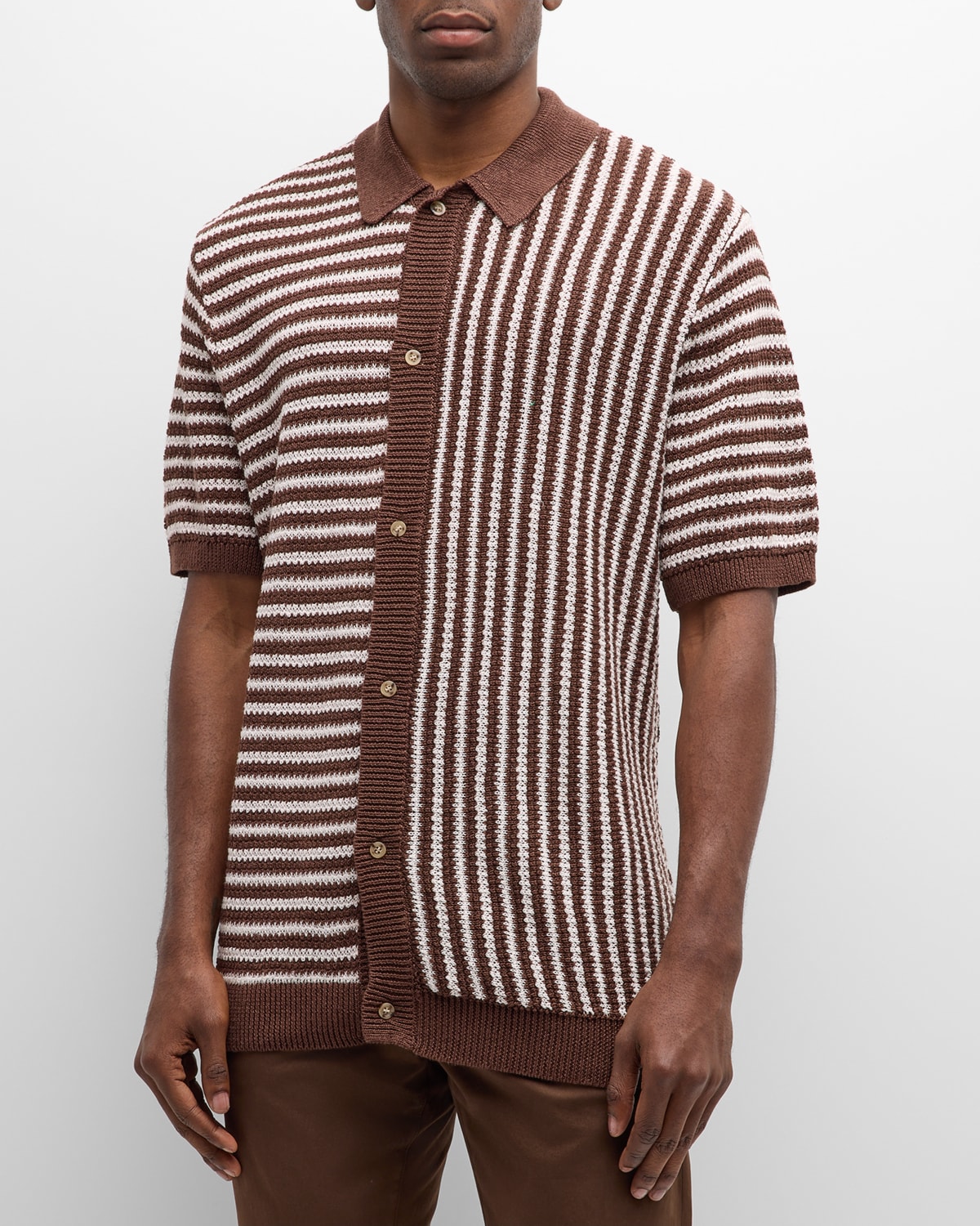 Men's Linen Knit Mixed Stripe Short-Sleeve Shirt