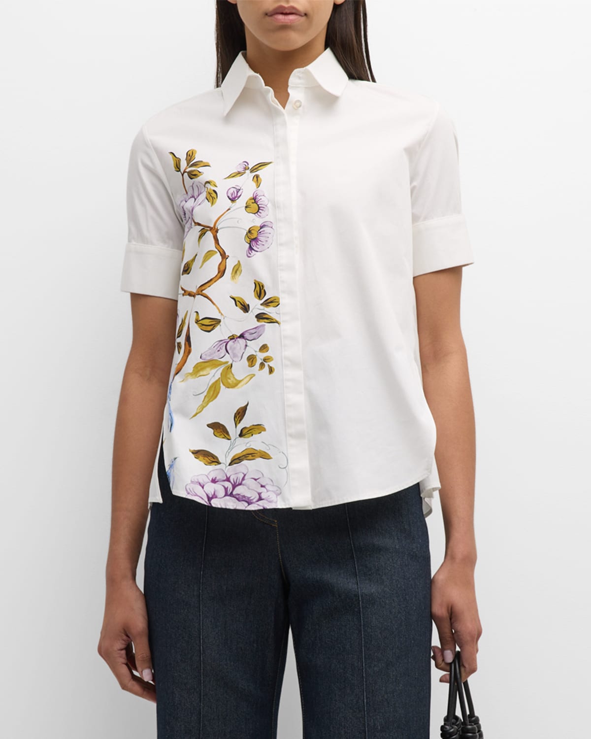 Shop Adam Lippes Flower-print Sort-sleeve Collared Poplin Trapeze Shirt In White Multi