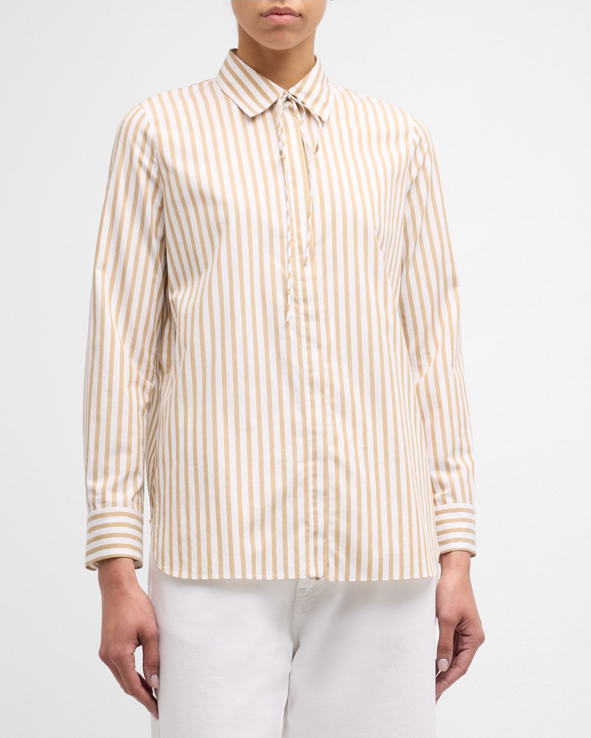 Shop Adam Lippes Striped Bow-neck Collared Shirt In White/khaki
