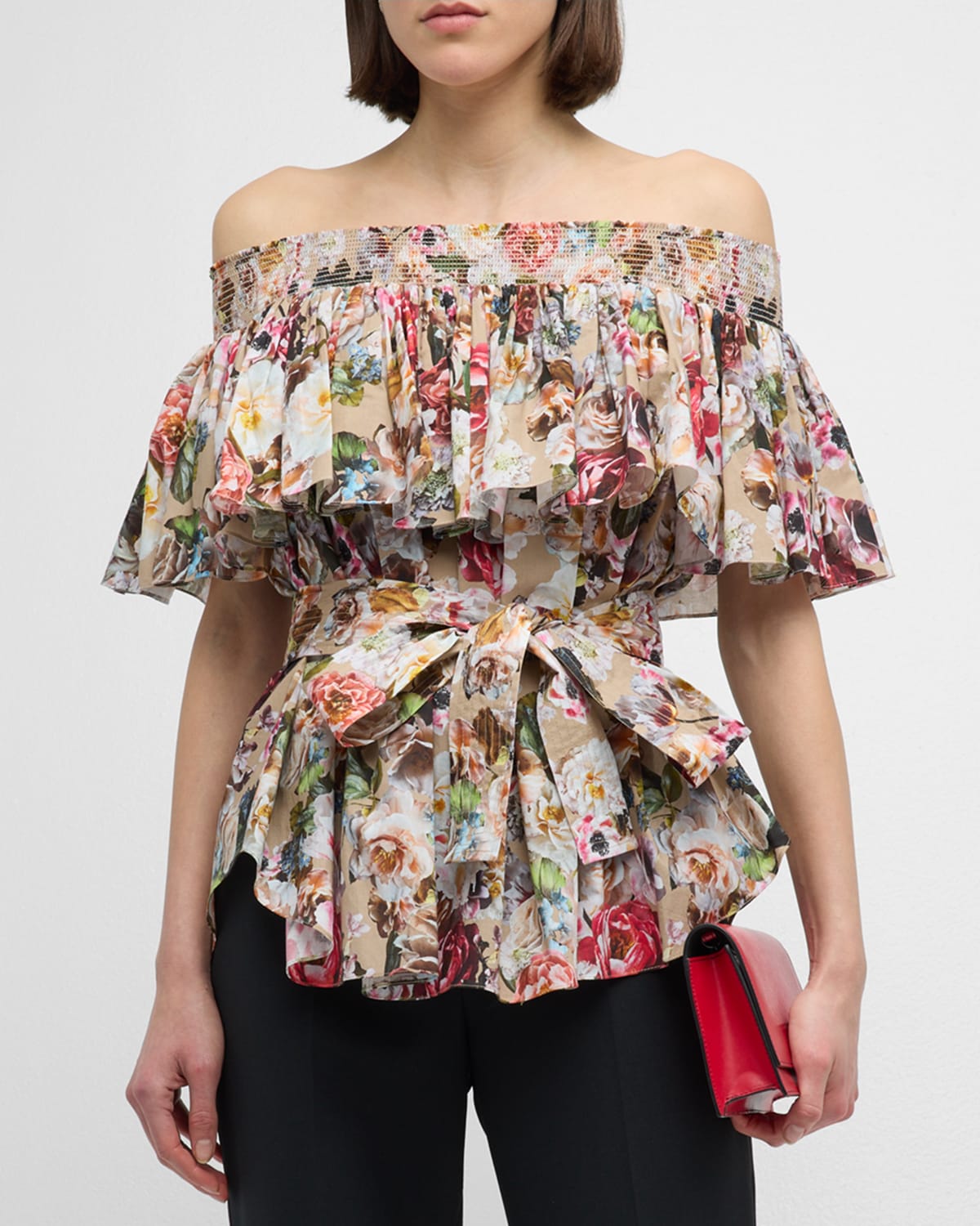 Shop Adam Lippes Floral-print Voile Smocked Off-the-shoulder Top In Khaki Floral