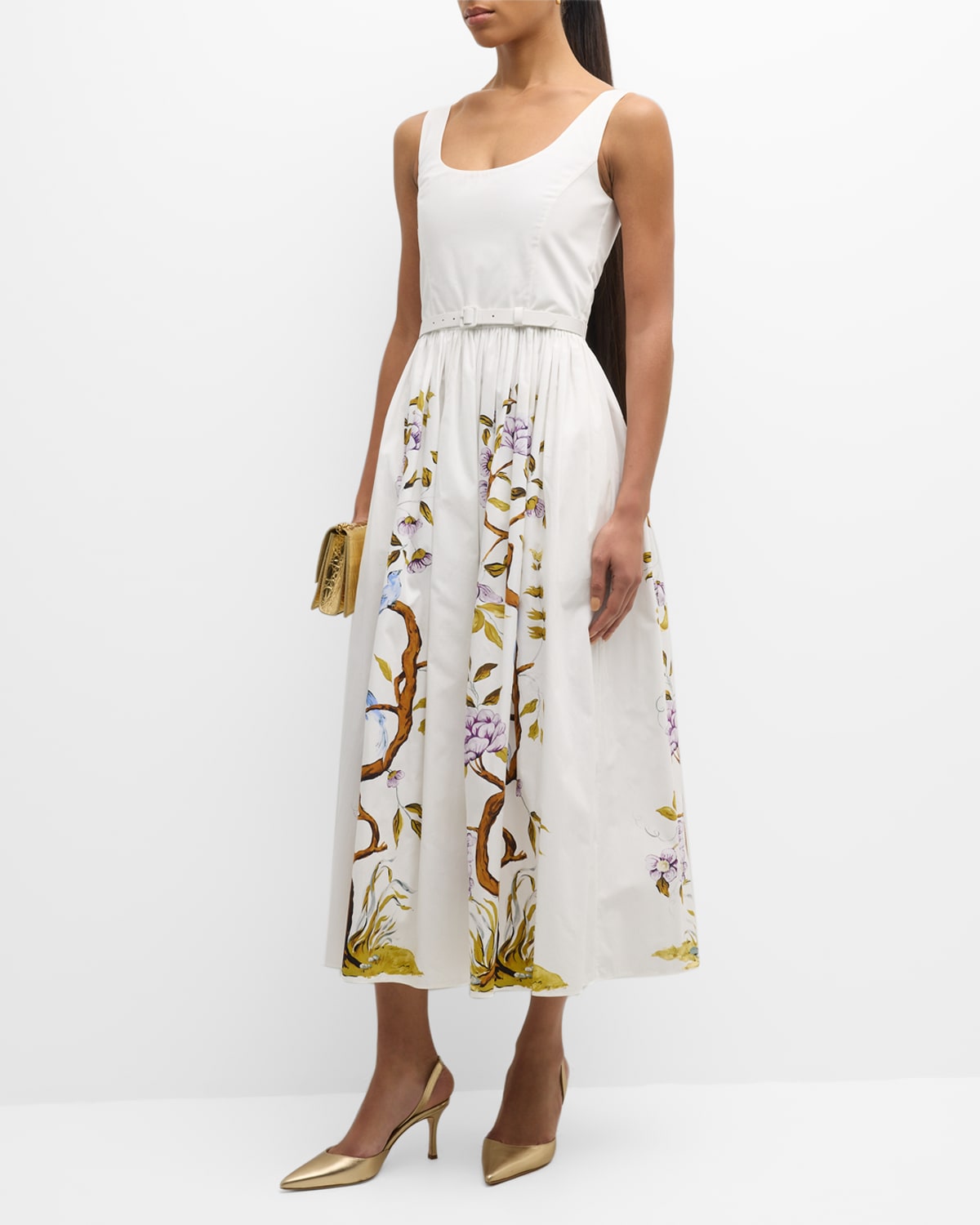 Shop Adam Lippes Scoop-neck Flower Branch-print Belted Poplin Midi Dress In White Multi