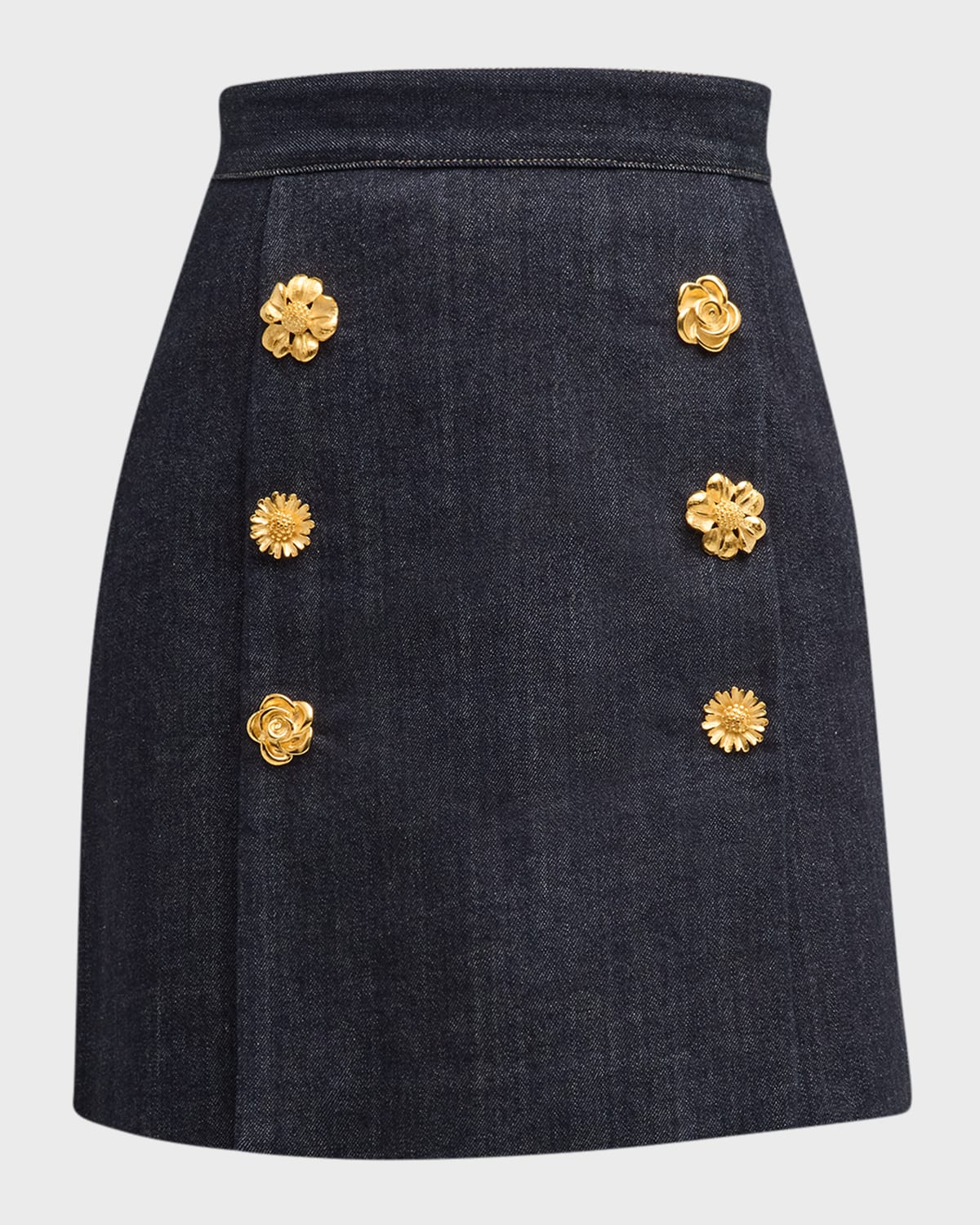 Flower Button-Front Stretch Denim Mini Skirt