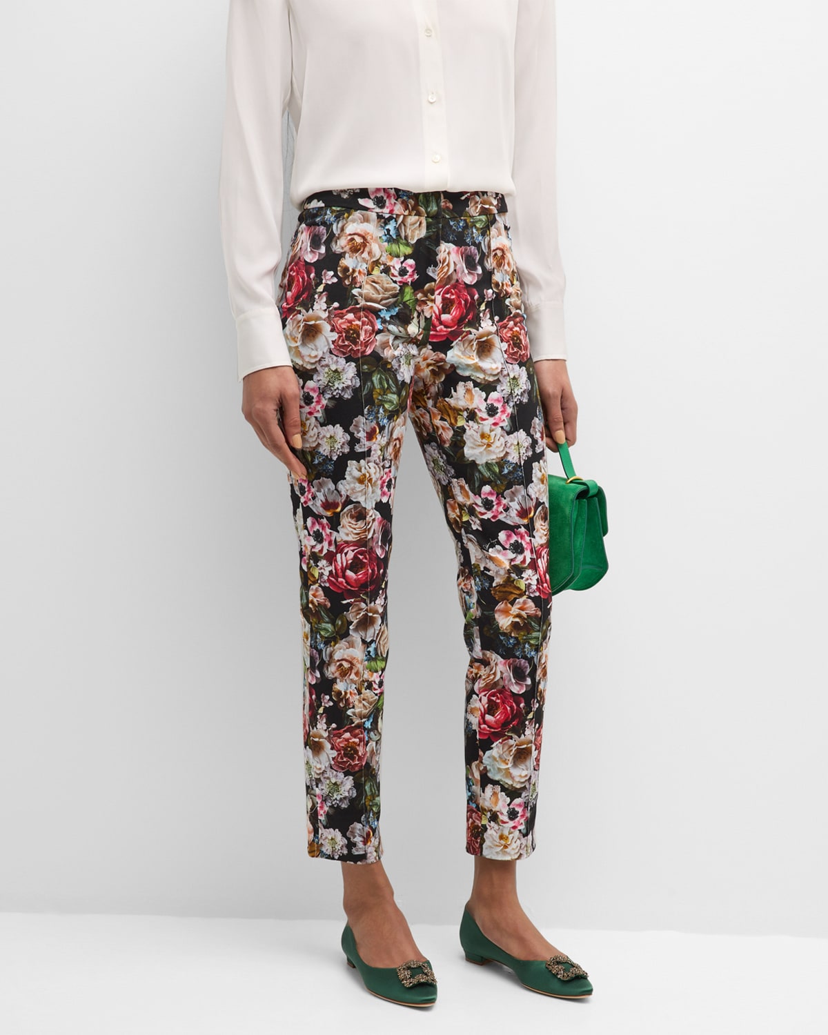 Shop Adam Lippes Daphne Floral-print Pintuck Slim-leg Ankle Cotton Twill Pants In Khaki Floral