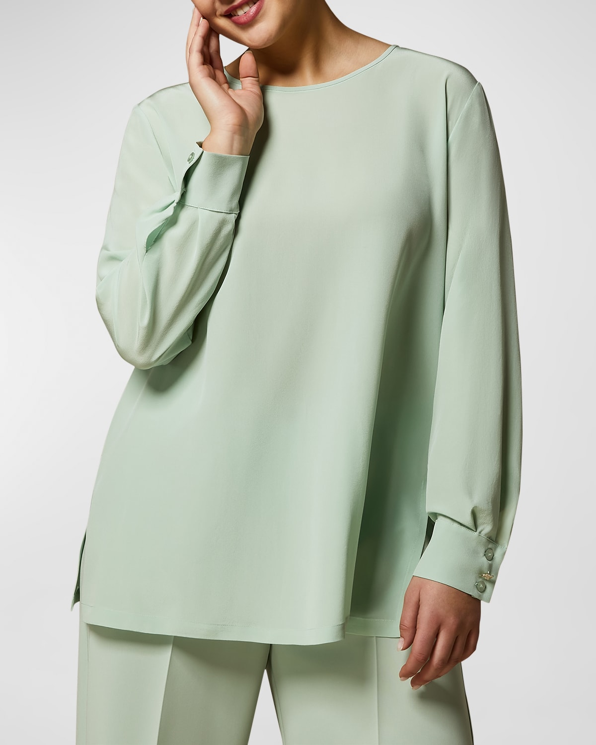 Shop Marina Rinaldi Plus Size Kelly Crewneck Crepe De Chine Blouse In Pastel Green