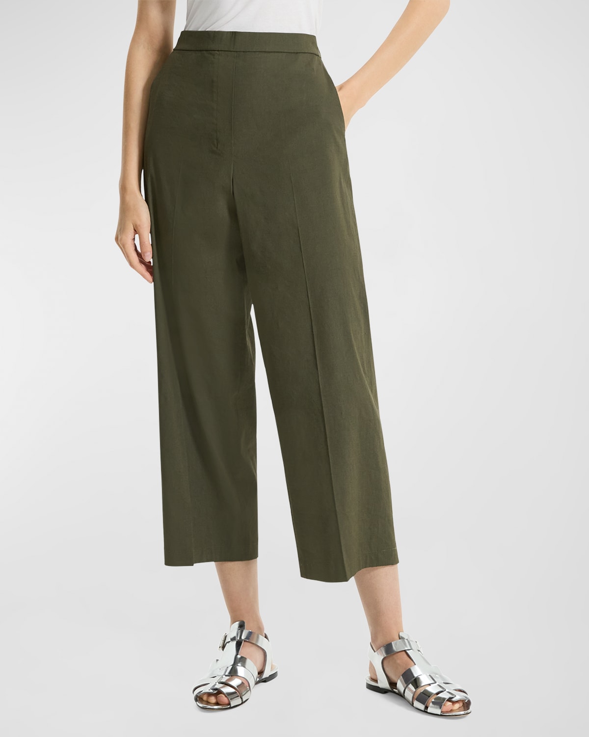 Theory Relaxed Straight Cropped Pull-on Pants In Dark Olive