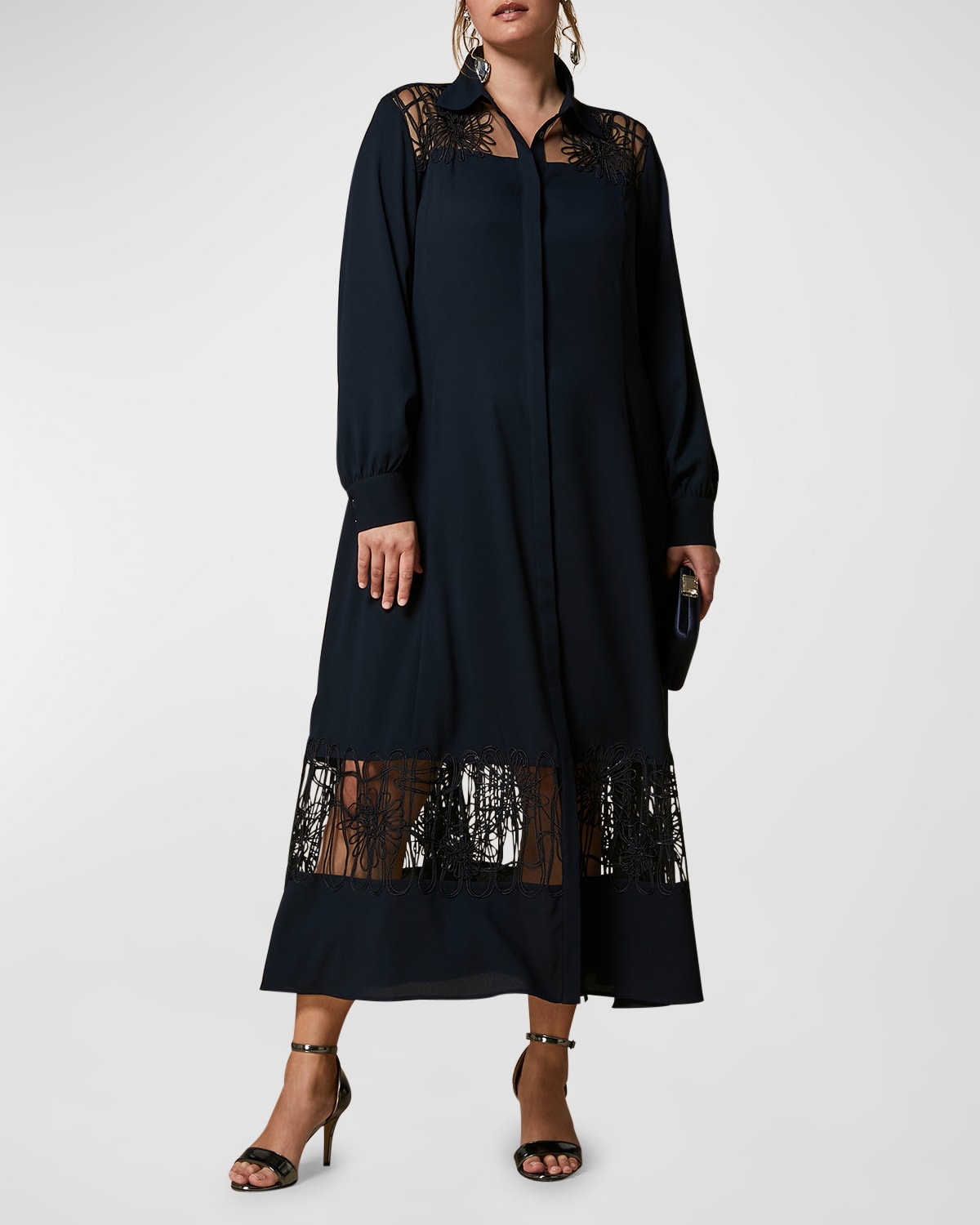 MARINA RINALDI PLUS SIZE SUMERO EMBROIDERED CREPE MIDI DRESS