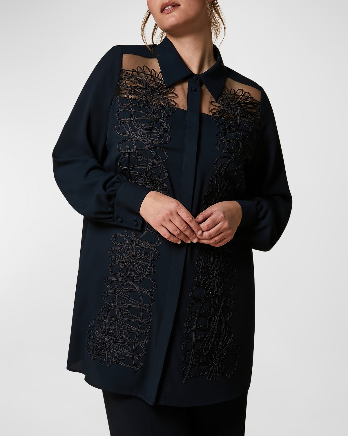 Marina Rinaldi Plus Size Zambra Embroidered Crepe Shirt In Midnight Blue