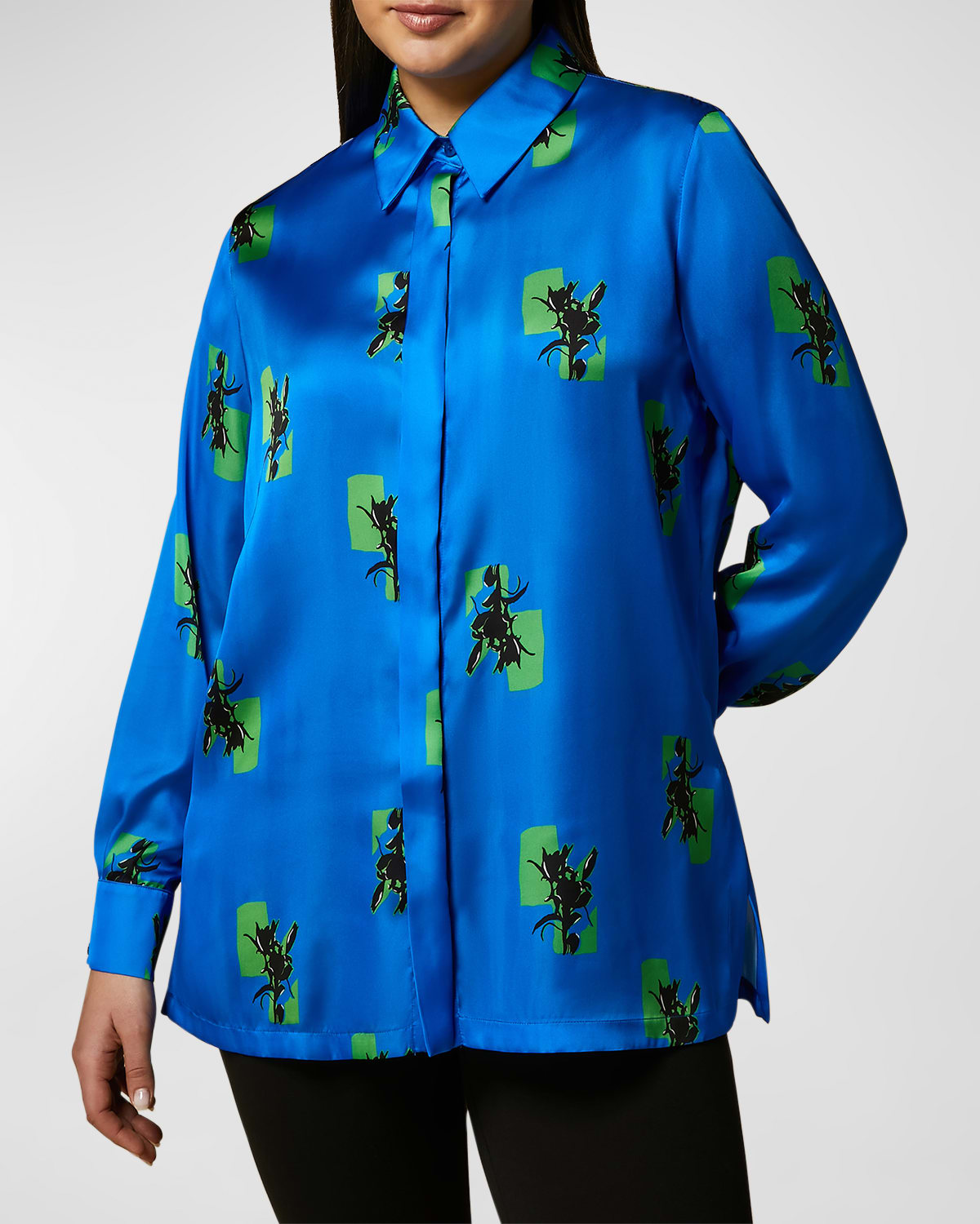 Shop Marina Rinaldi Plus Size Auronzo Floral-print Satin Shirt In Cornflower