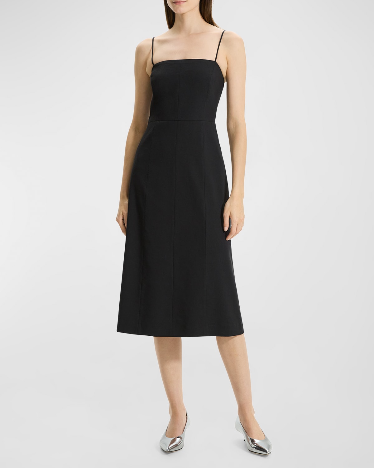 Shop Theory Strappy A-line Linen-blend Midi Dress In Black