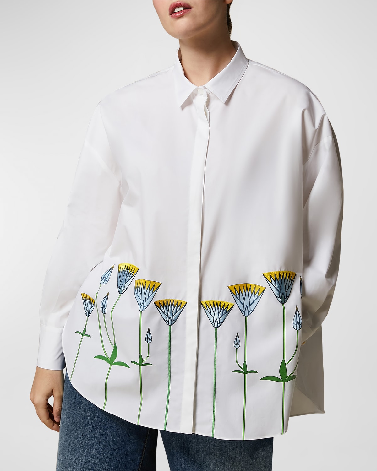 Plus Size Pece Floral-Embroidered Poplin Shirt