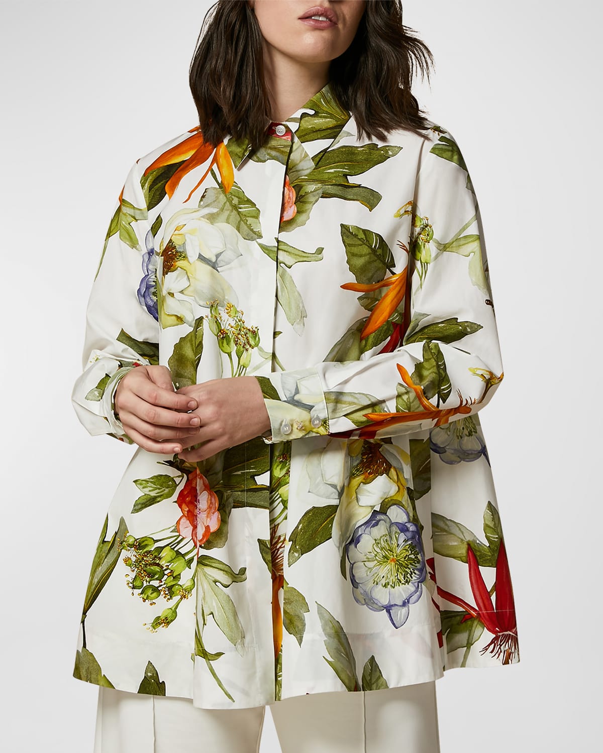 Marina Rinaldi Appia Floral Cotton Button-up Shirt In White Big
