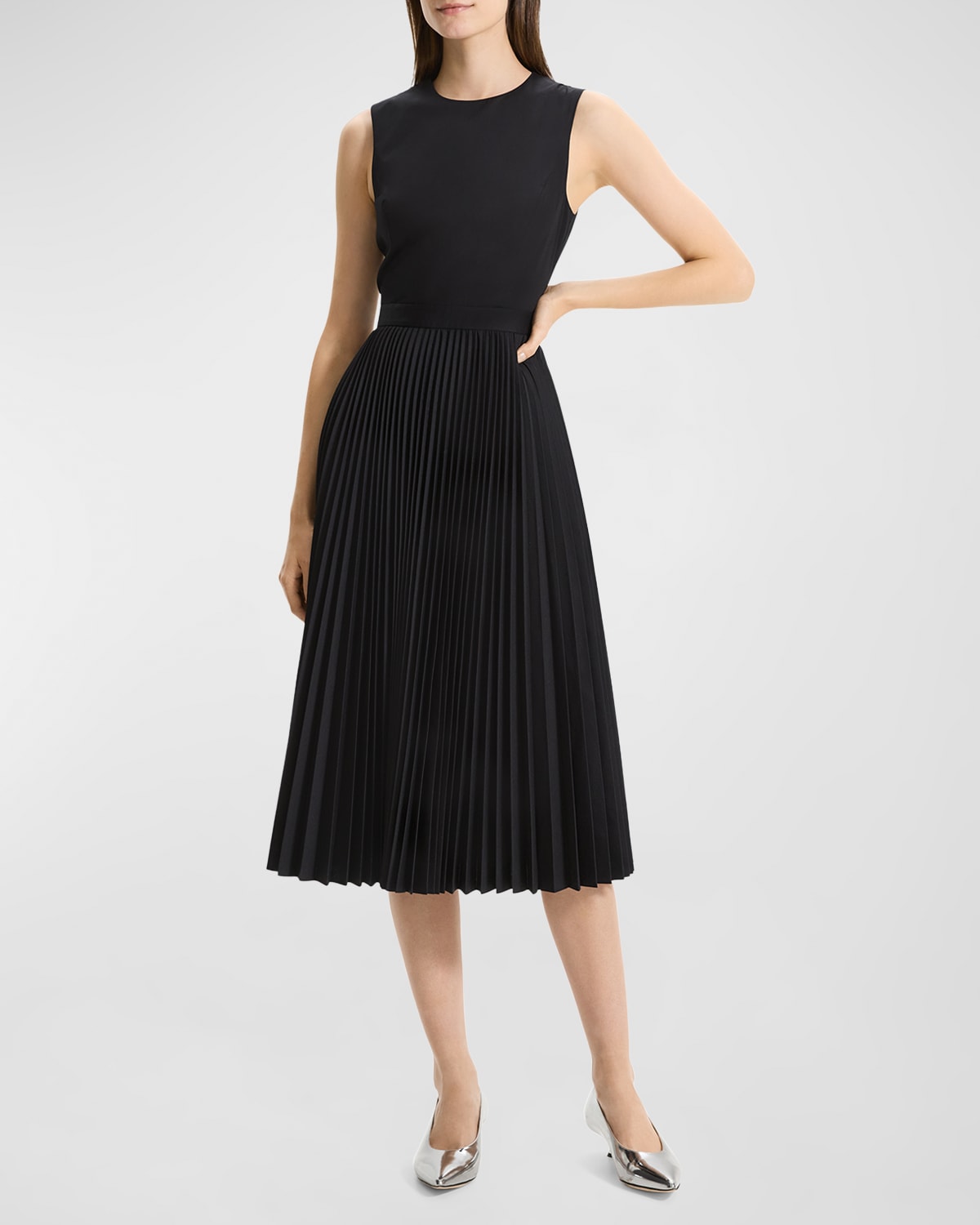 Pleated-Skirt Sleeveless Midi Dress