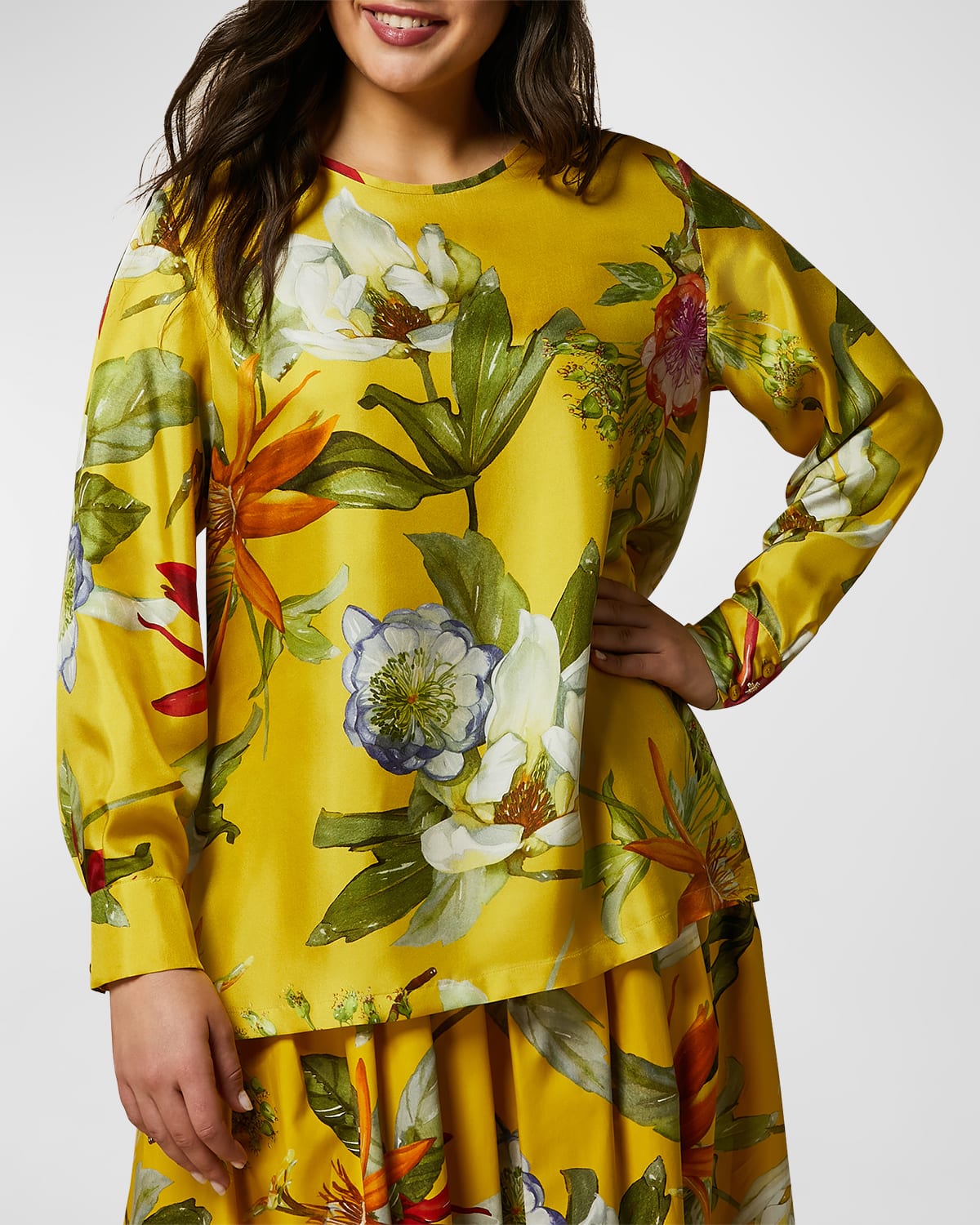 Shop Marina Rinaldi Plus Size Leandro Floral Silk Blouse In Lemon Big