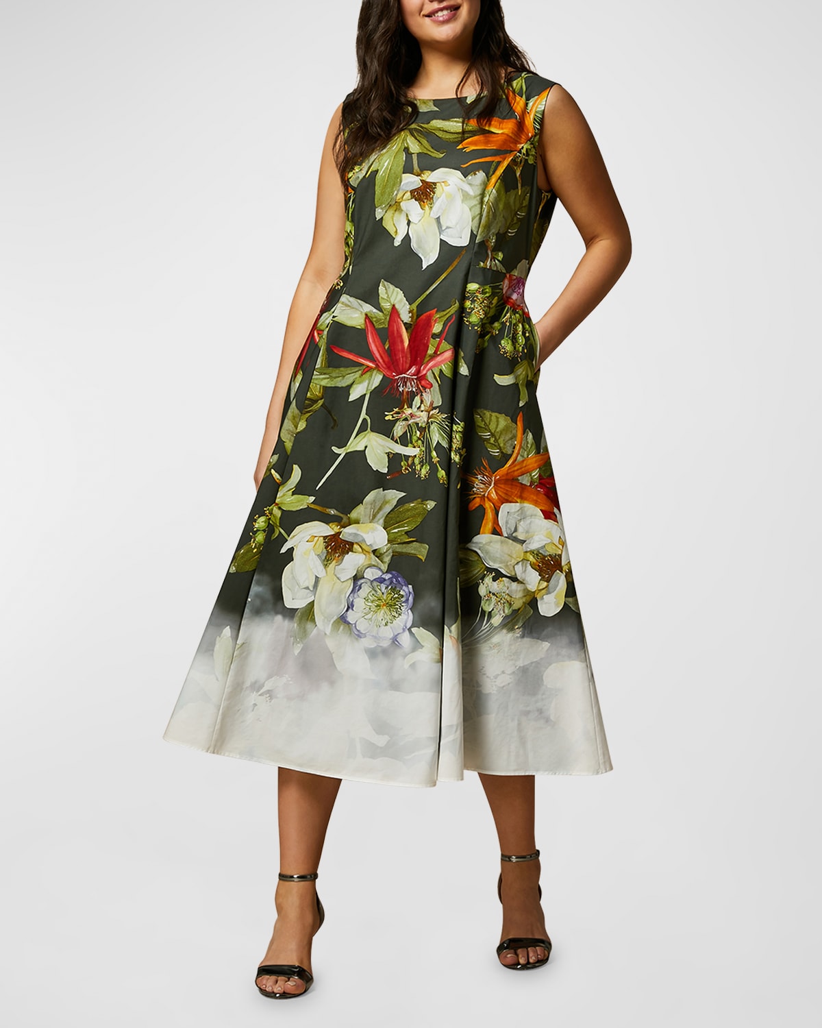 Shop Marina Rinaldi Plus Size Trento Floral Pleated Midi Dress In Kaki Big Flower