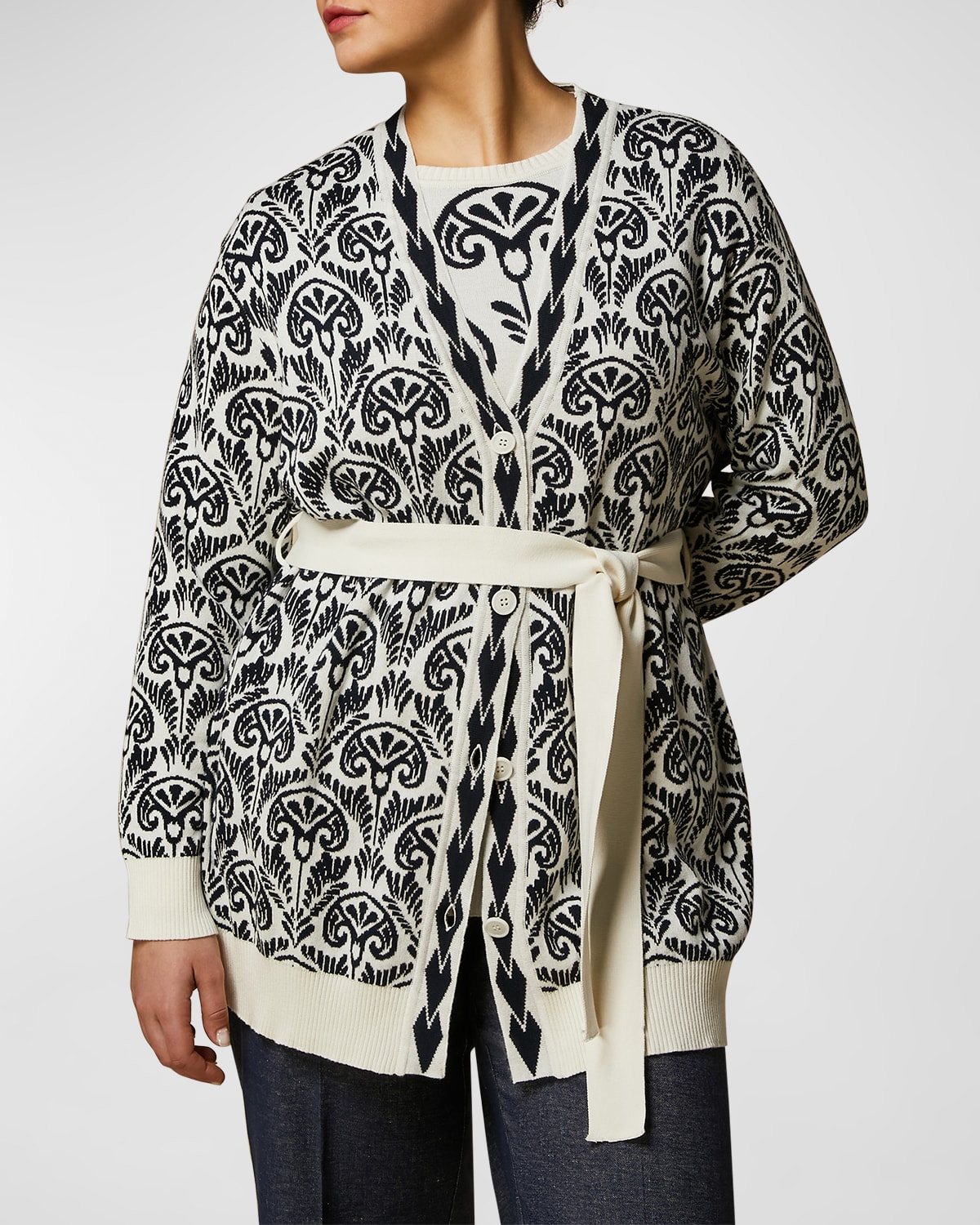 Shop Marina Rinaldi Plus Size Uomo Geometric Jacquard-knit Cardigan In Ivory