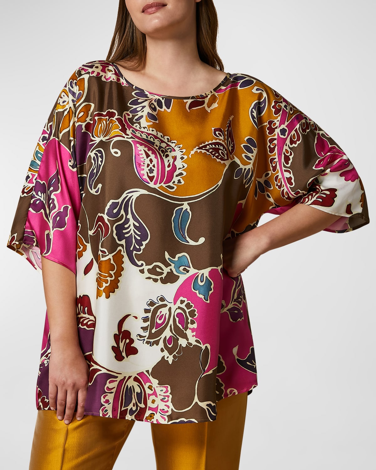 Shop Marina Rinaldi Plus Size Ragusa Floral-print Silk Twill Blouse In Gold
