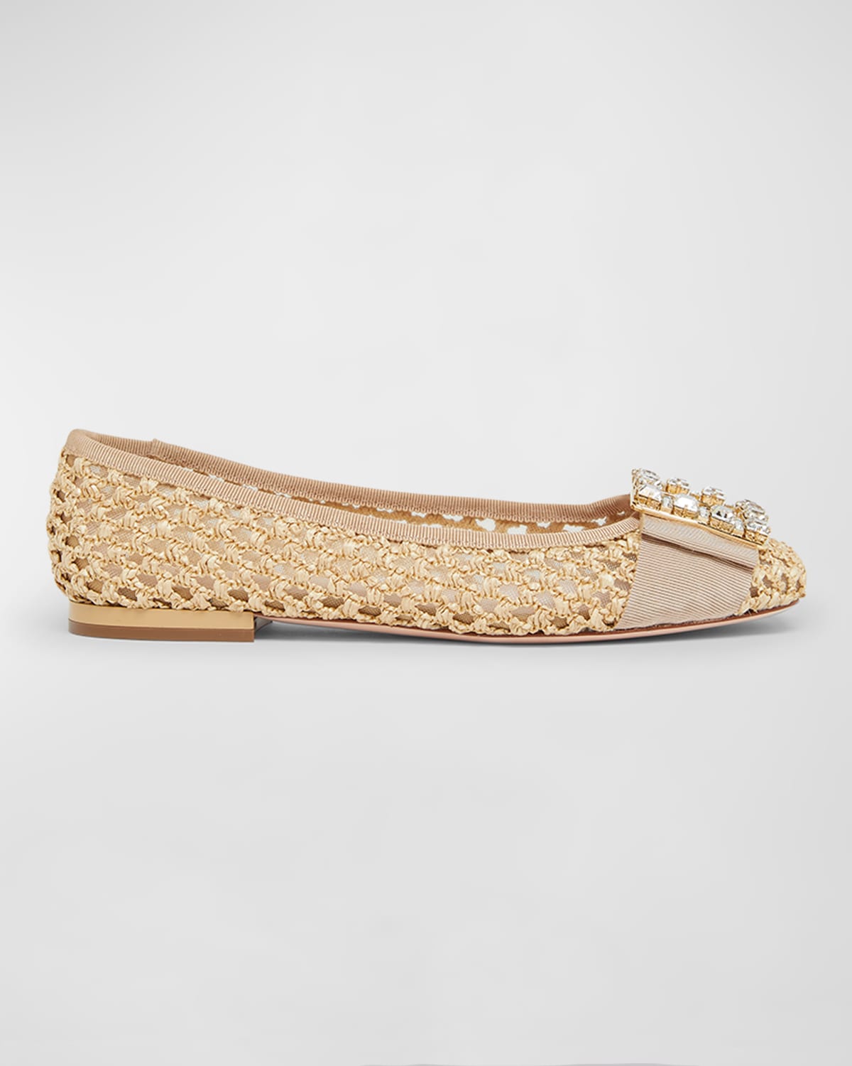 Shop Roger Vivier Tres Vivier Raffia Strass Ballerina Flats In Crema Chiaro