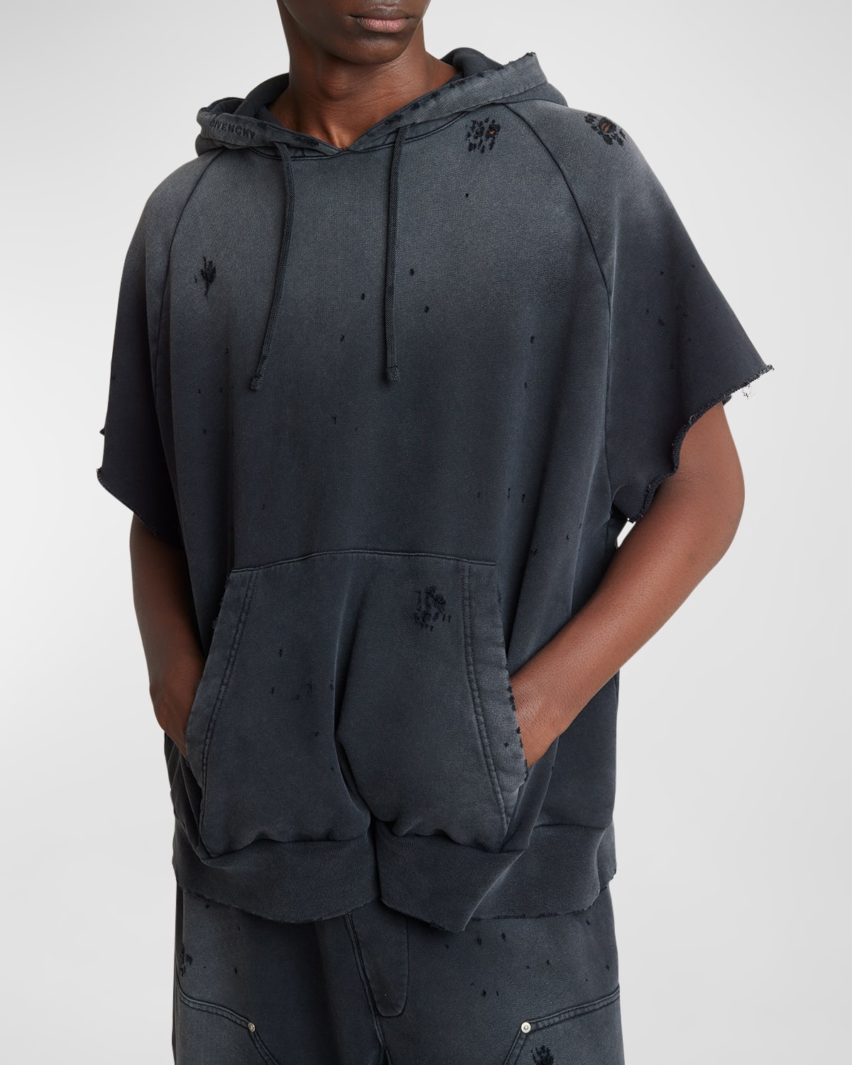 Shop Givenchy Men's Destroyed Short-sleeve Hoodie In Black