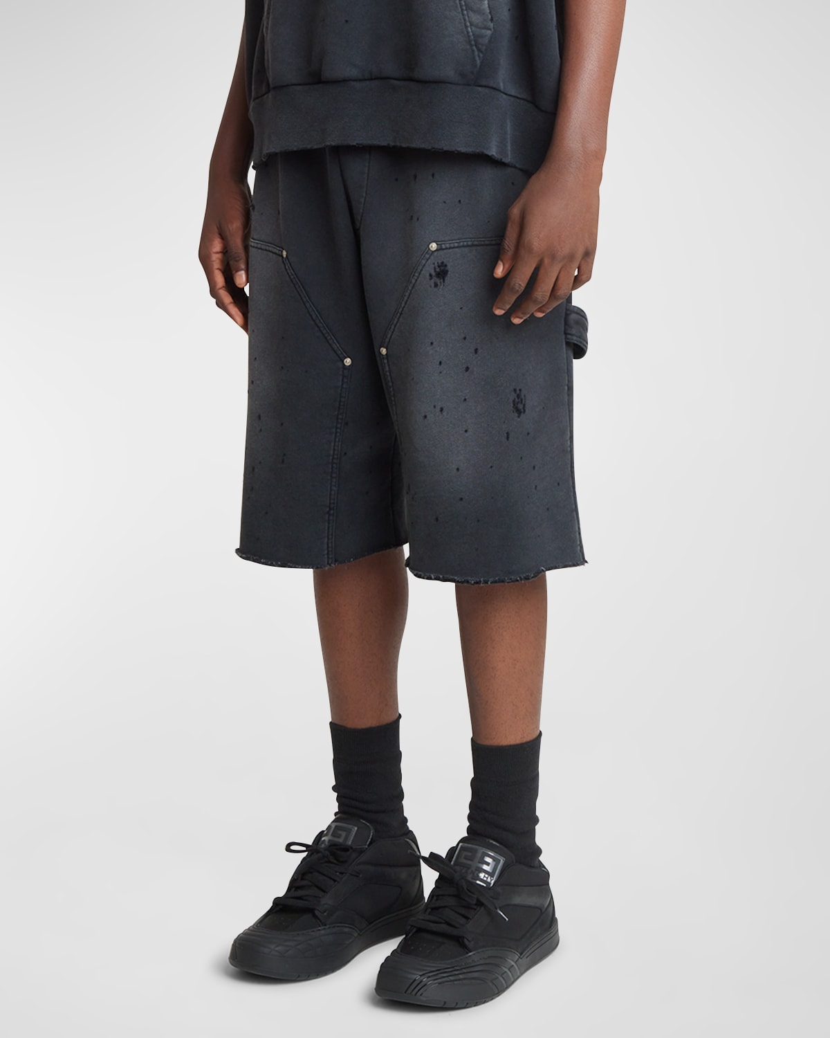 Shop Givenchy Men's Destroyed Carpenter Sweat Shorts In Black