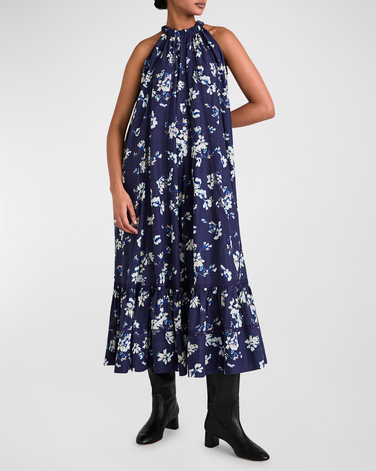 Celestia Floral-Print Trapeze Halter Midi Dress