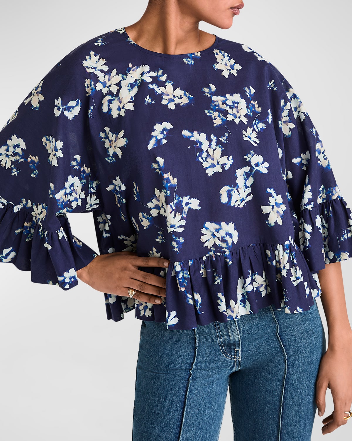 Astral Floral-Print Ruffle Top