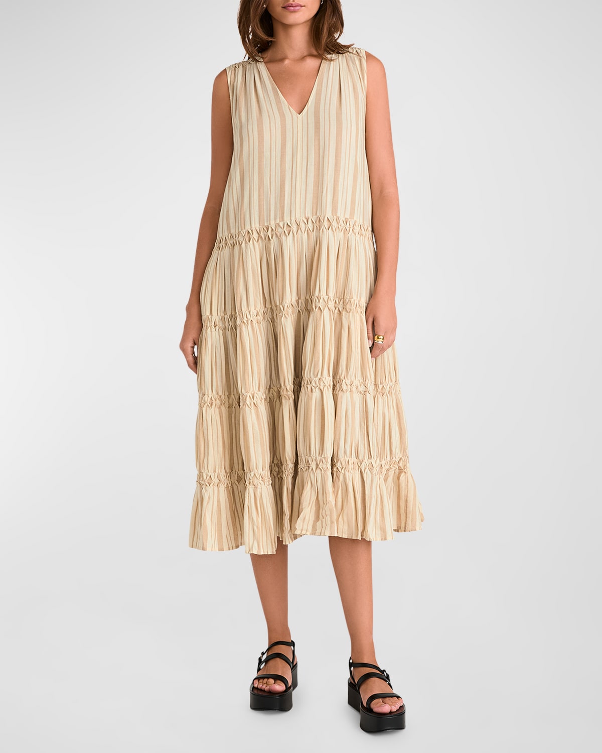 Merlette Wallis Sleeveless Smocked Striped Midi Dress In Driftwood Yarn Dyed Stripe