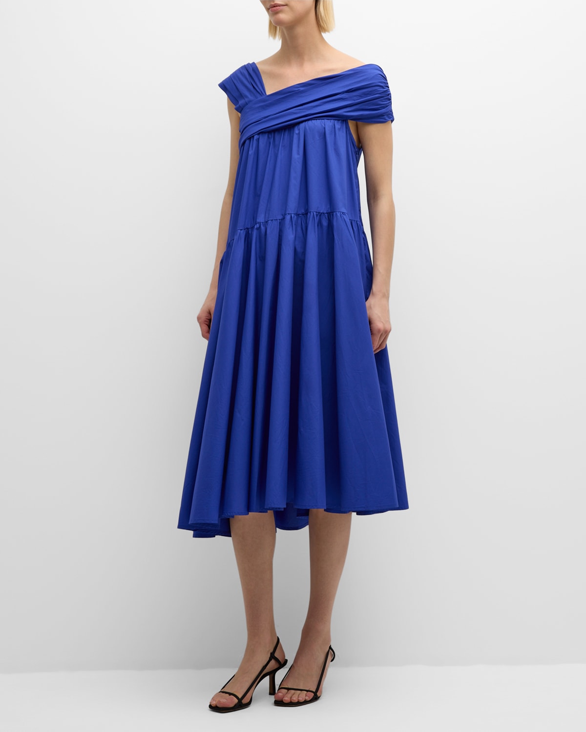 Shop Merlette Crane Asymmetric Cotton Poplin Midi Dress In Lapis