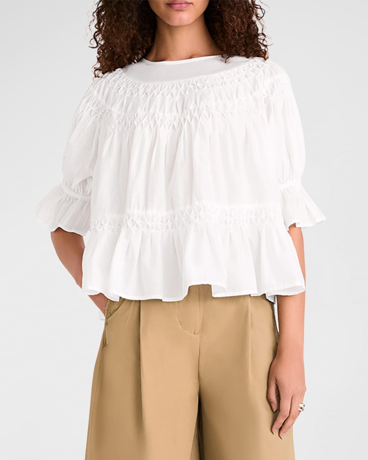 Merlette Smocked Puff-sleeve Pima Cotton Blouse In White