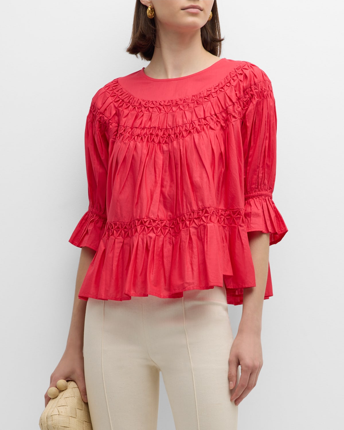 Merlette Smocked Puff-sleeve Pima Cotton Blouse In Pink