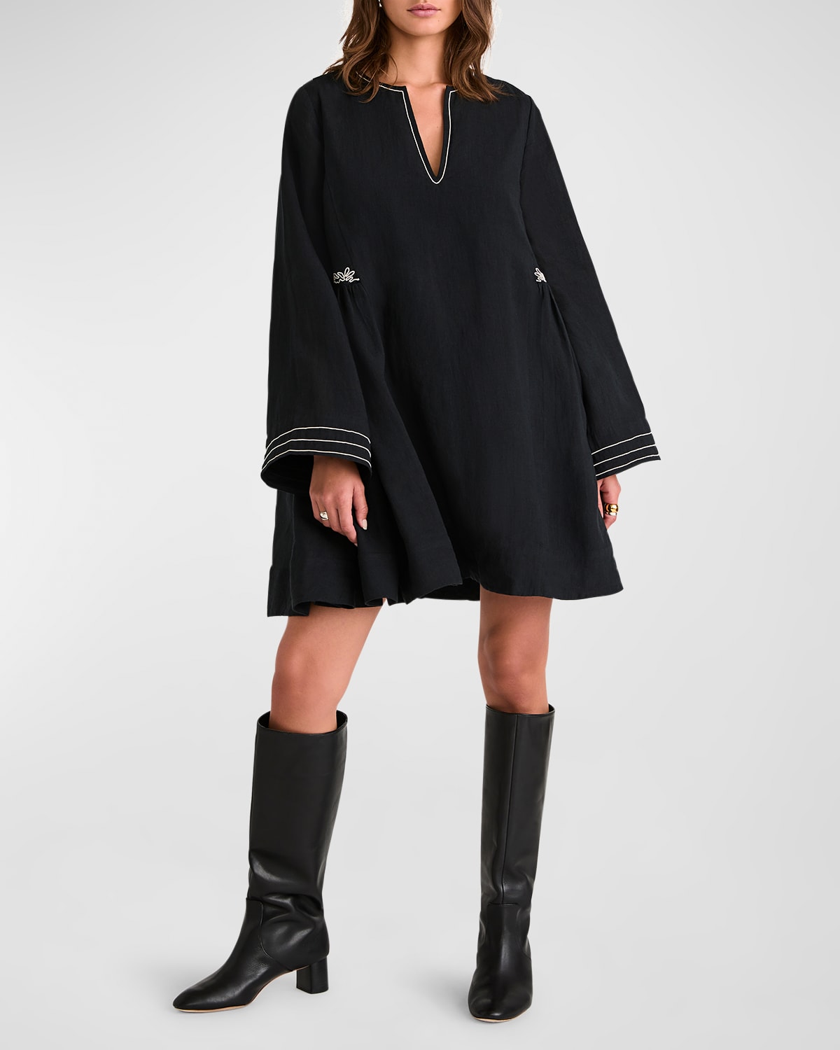 Shop Merlette Riverside Flare-sleeve Trapeze Linen Mini Dress In Black