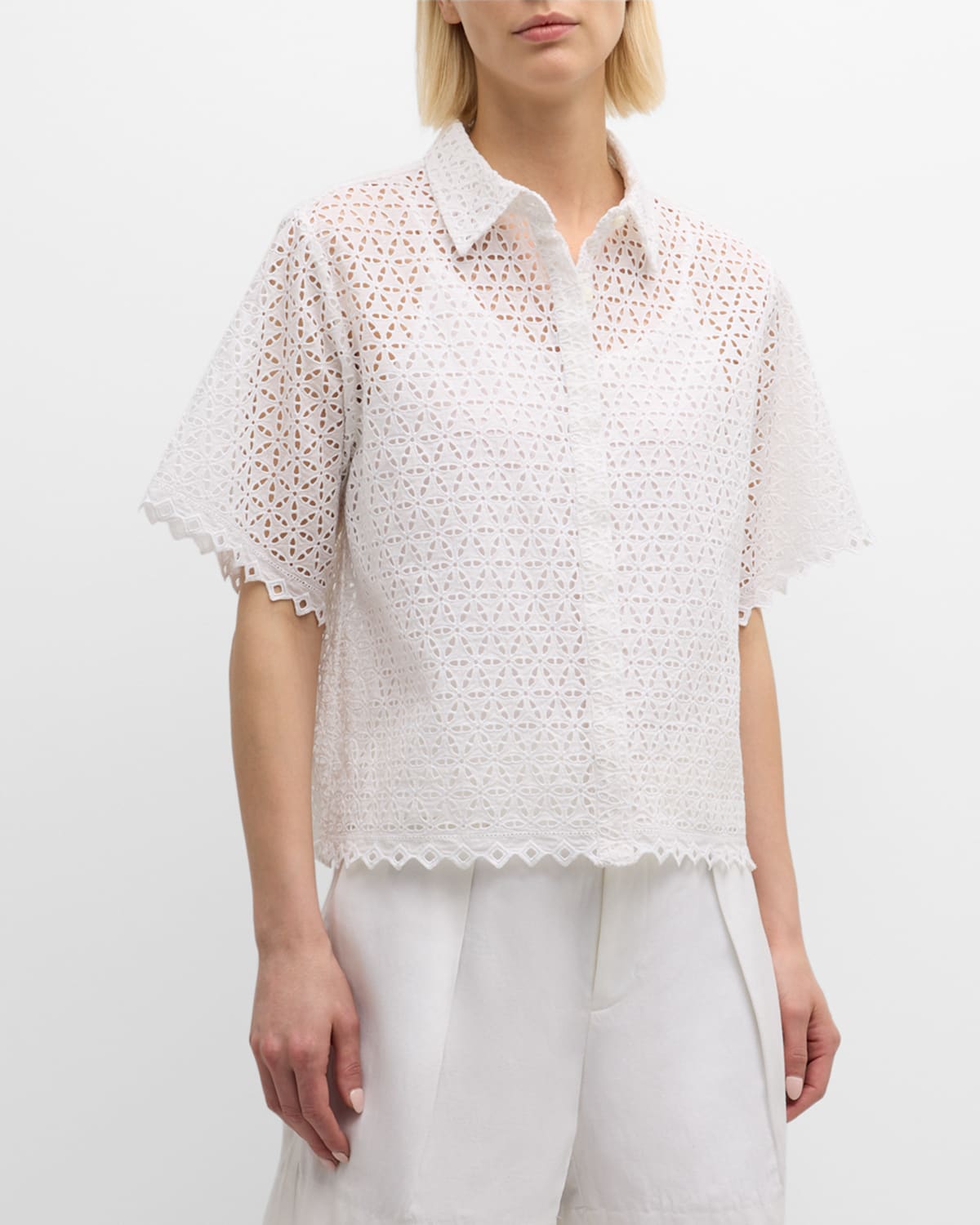 Perle Boxy Floral Eyelet-Embroidered Top