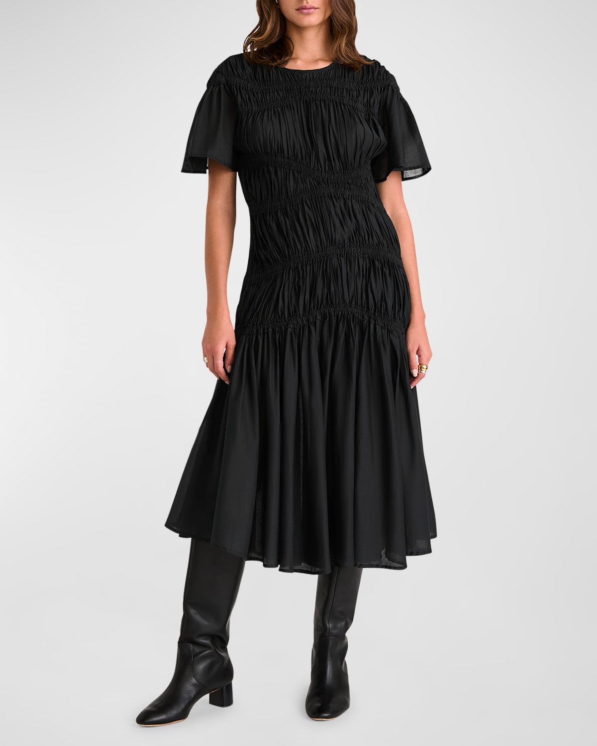 Shop Merlette Seraphine Crinkled Flutter-sleeve Midi Dress In Black