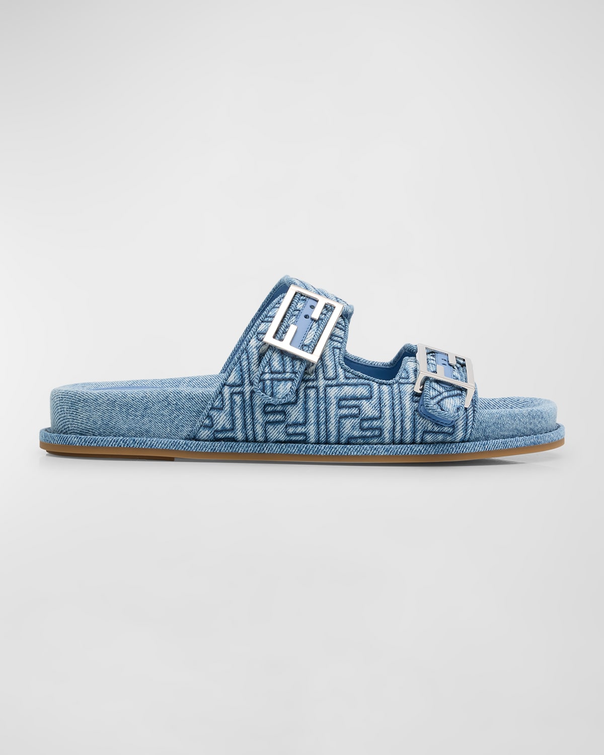 Fendi FF Embroidered Denim Dual Buckle Slide Sandals