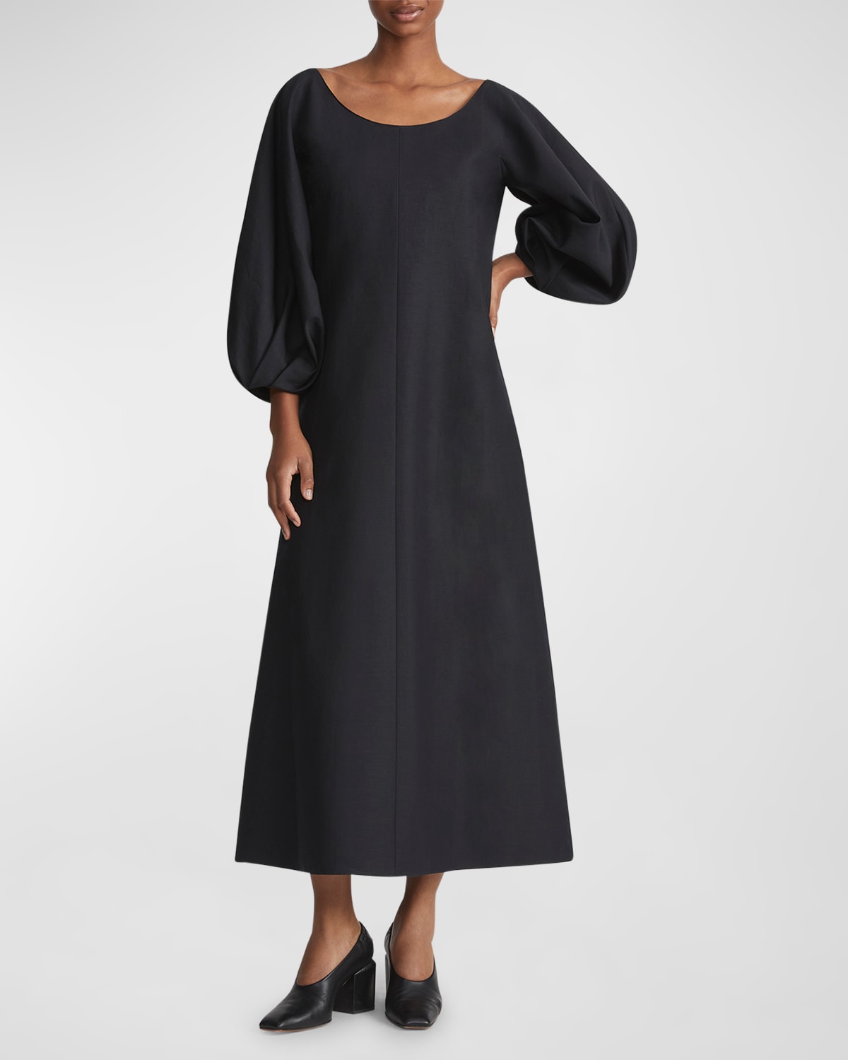 Shop Lafayette 148 Pleated Blouson-sleeve A-line Midi Dress In Black