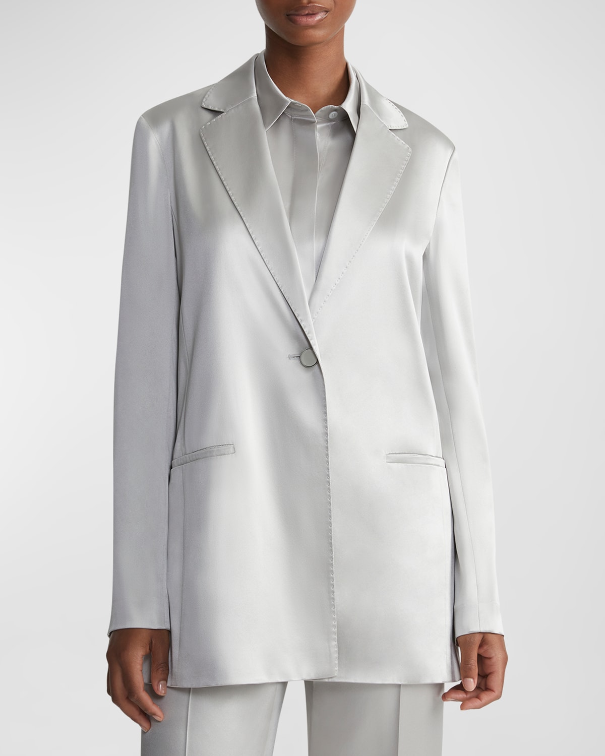 Shop Lafayette 148 Welt Pocket Satin Single-breasted Blazer Jacket In Pale Grey