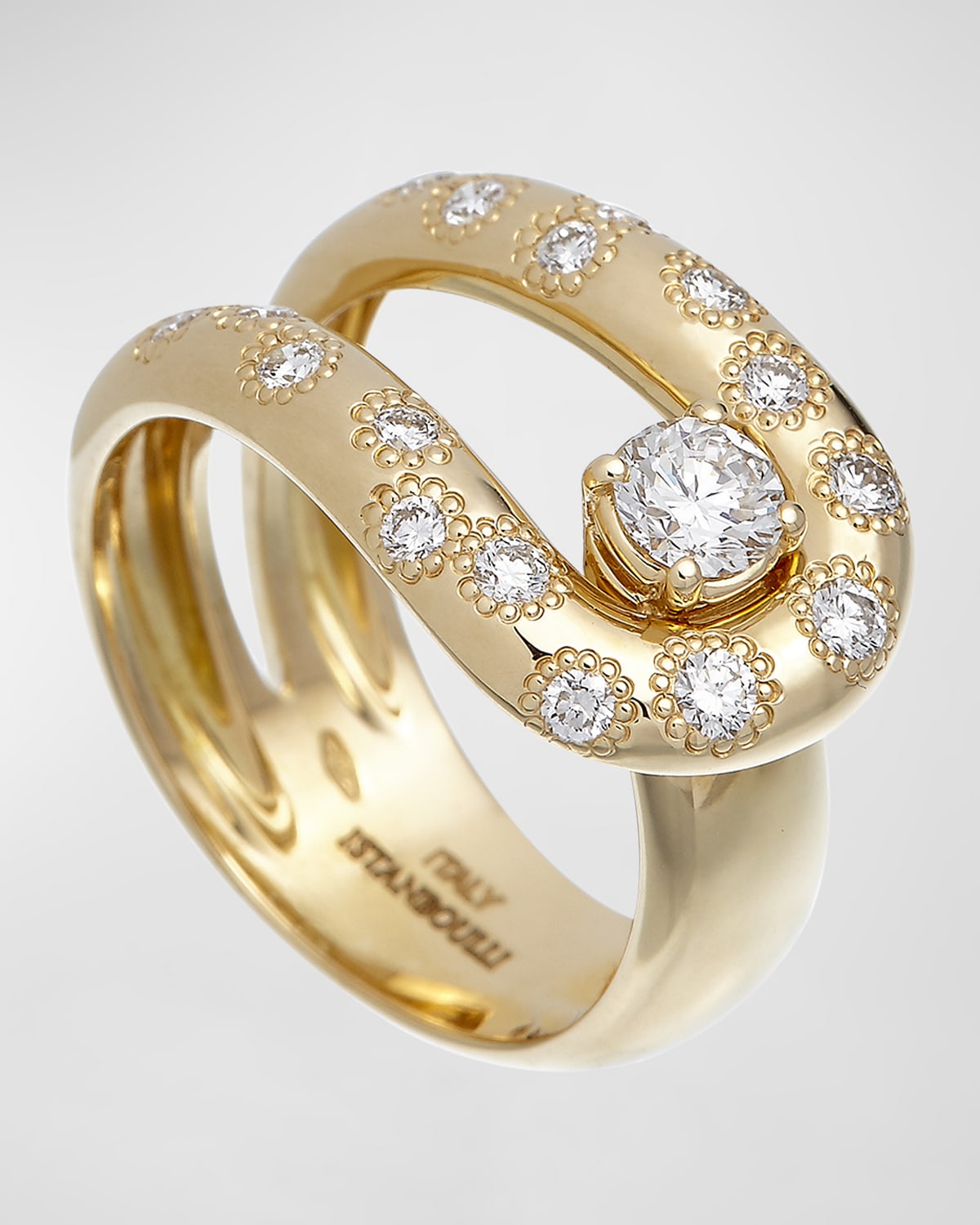 18K Yellow Gold Wide Ring with Diamonds, Size 7
