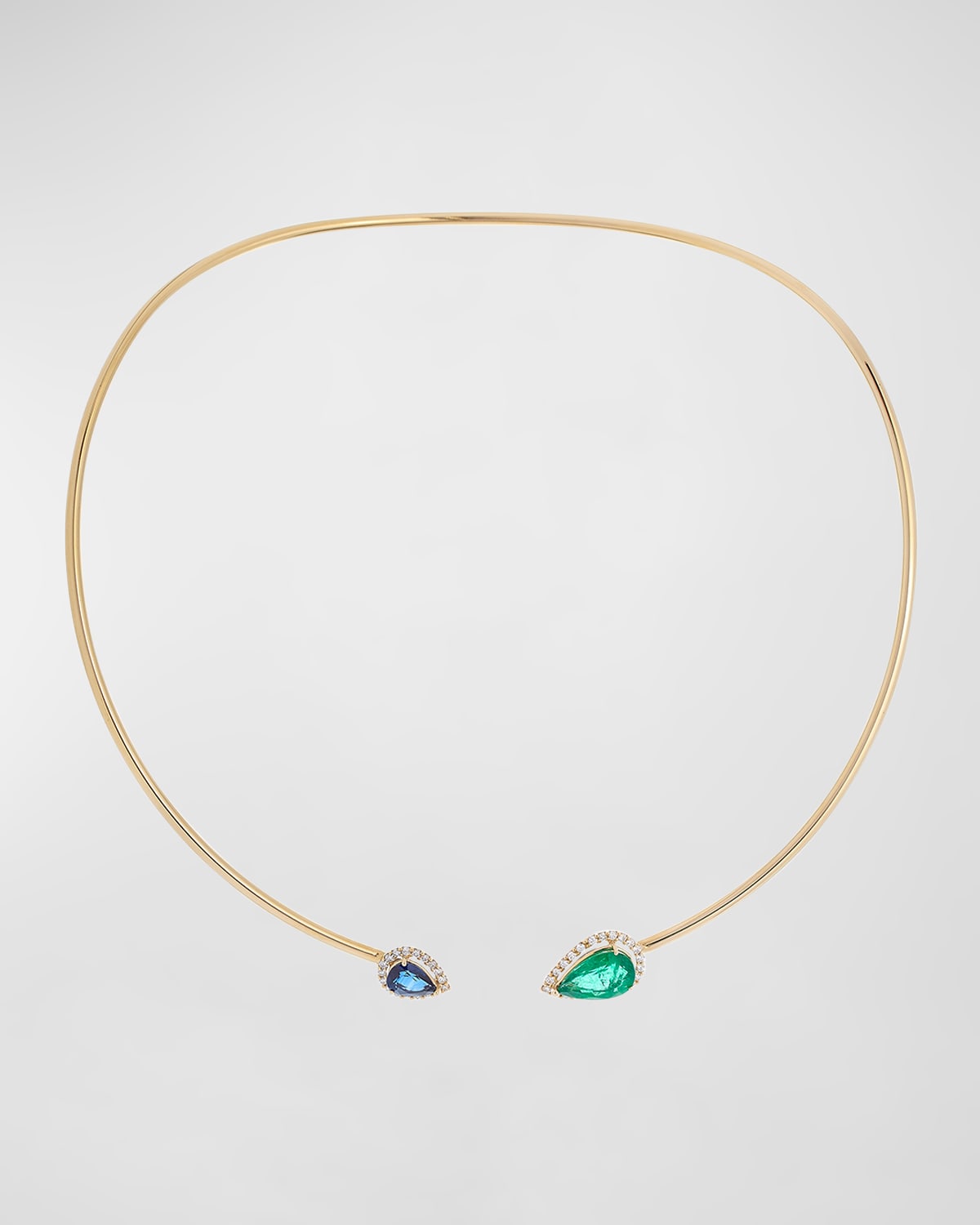 18K Yellow Gold Necklace with Diamond Halos, Emerald and Blue Sapphire