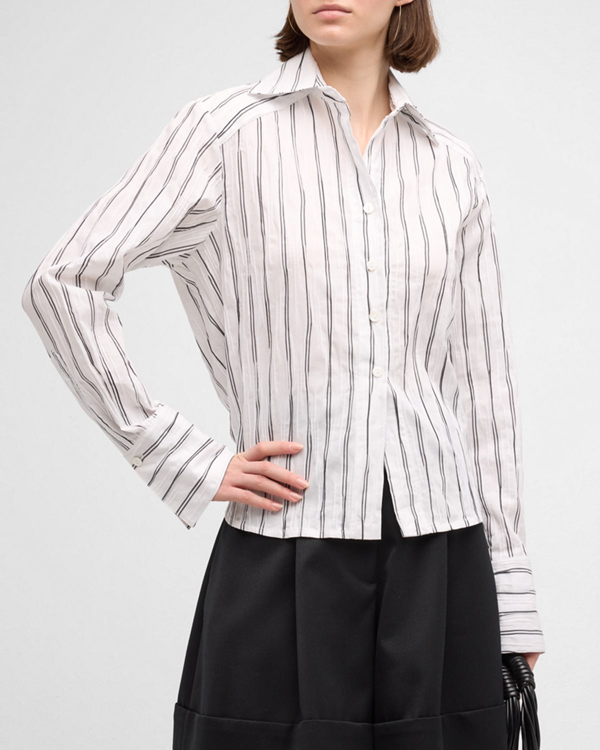 Just Bee Queen Charlotte Striped Button-front Top In Blackwhite Stripe