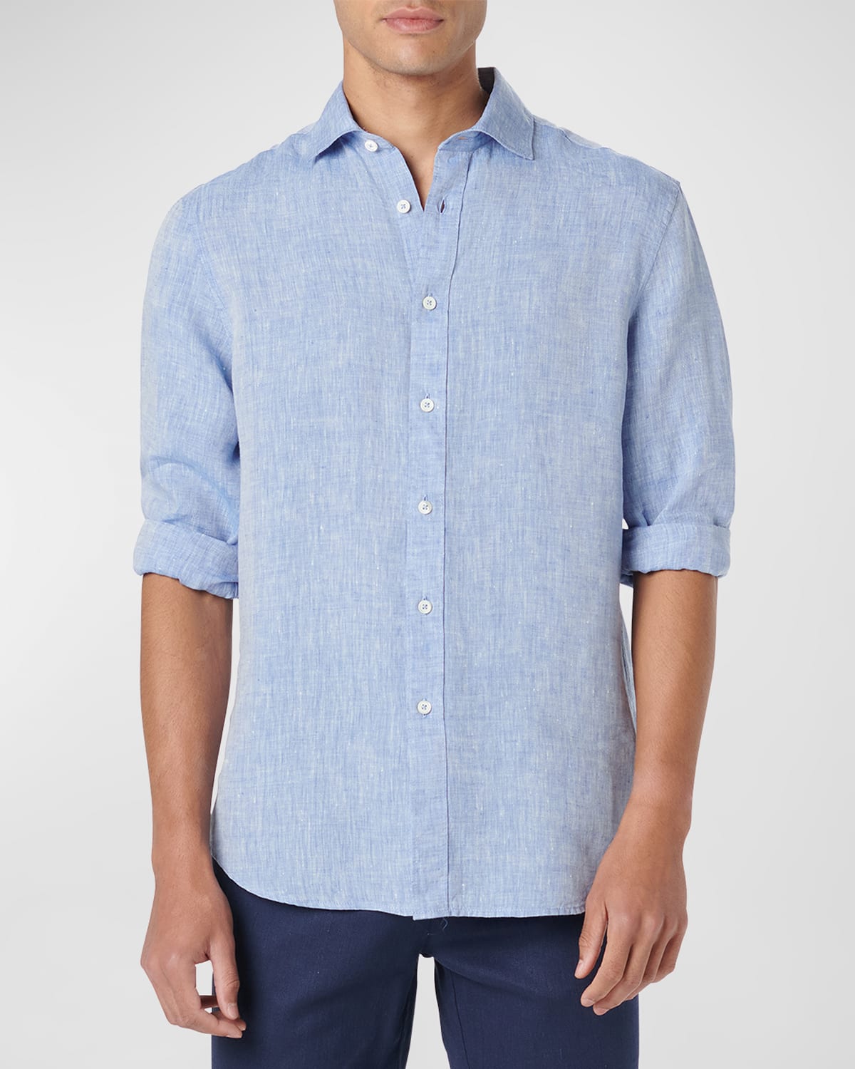 Shop Bugatchi Men's Solid Linen Shaped Sport Shirt In Classic Blue