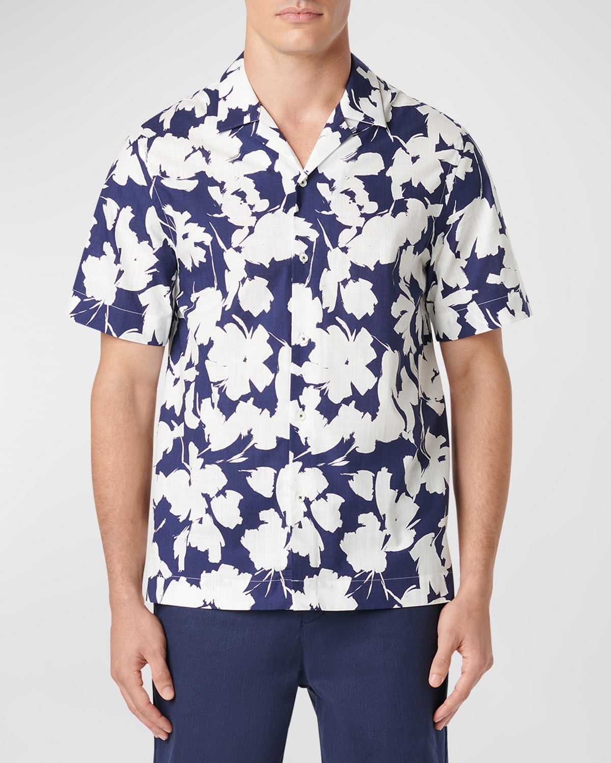 Bugatchi Jackson Shaped Fit Floral Print Short Sleeve Button-up Camp Shirt In Navy