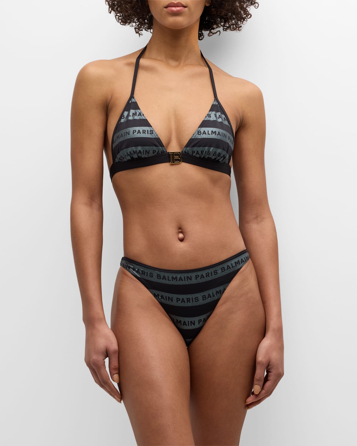 Shop Balmain Striped Logo Triangle Two-piece Bikini Set In Black