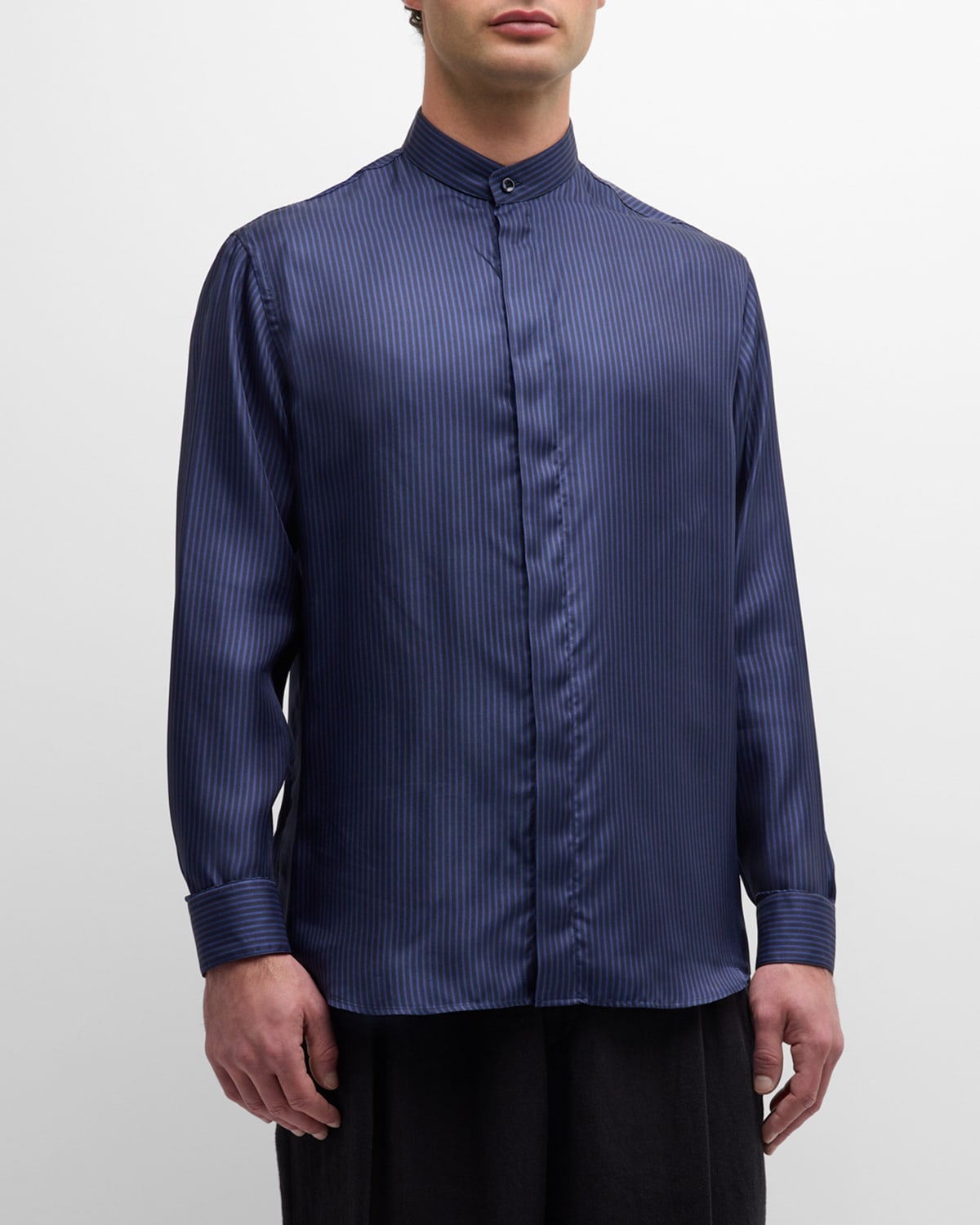 Shop Giorgio Armani Men's Micro-striped Silk Formal Shirt In Solid Dark Blue